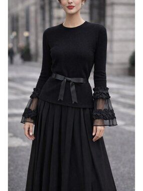 Mira New York Cashmere Wool Black Top Size 2 Sheer Ruffle Sleeve Bow Belt